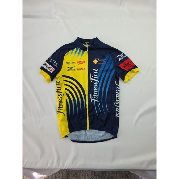 F2P Tops - F2P Cycling Sponsored Jersey Large Blue Yellow Mizuno Fitness First